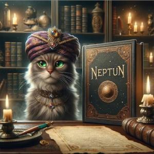 Cosmo Cat mit astrologischem Buch über den Neptun