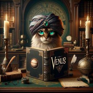 Cosmo Cat mit astrologischem Buch über die Venus