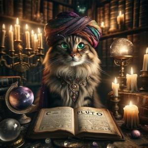 Cosmo Cat mit astrologischem Buch über den Pluto