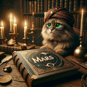 Cosmo Cat mit einem astrologischen Buch über den Mars