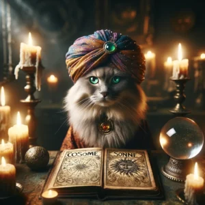 Cosmo Cat mit einem astrologischen Buch über die Sonne