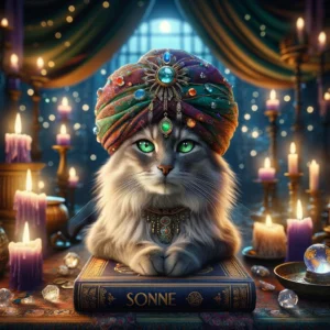 Cosmo Cat mit einem astrologischen Buch über die Sonne