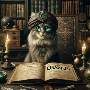 Cosmo Cat mit einem astrologischen Buch über den Uranus